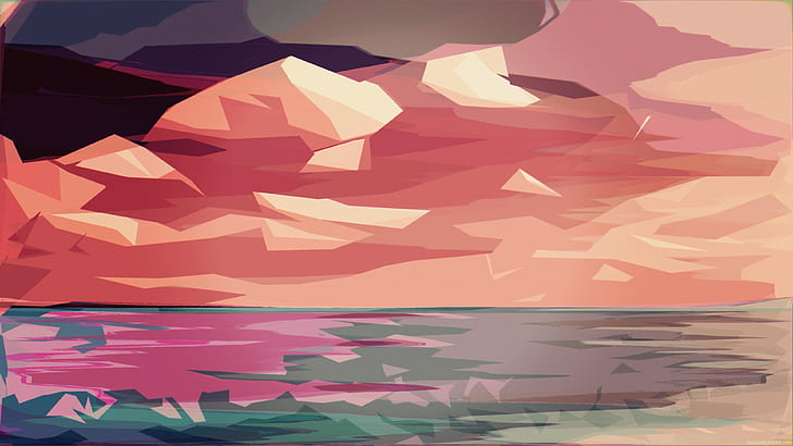 art polygonal, abstrait, coucher de soleil, mer, nuages, Fond d'écran HD