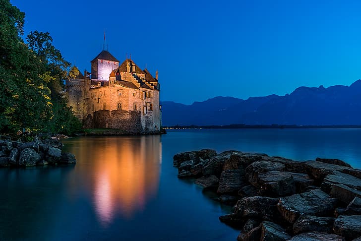 mountains, lake, stones, castle, Switzerland, Alps, Lake Geneva, Montreux, Chillon Castle, Chateau de Chillon, HD wallpaper