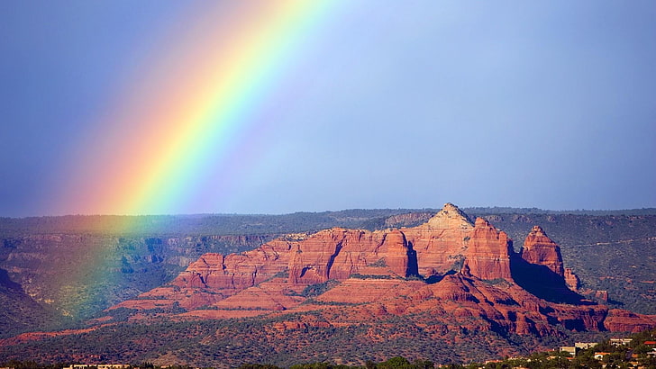 regenbogen, himmel, meteorologisches phänomen, nationalpark, phänomen, arizona, vereinigte staaten, sedona, hochland, fels, berg, bildung, HD-Hintergrundbild