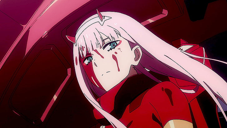 Cyfrowa tapeta męskiej kobiecej postaci z anime, Anime, Darling in the FranXX, Zielone oczy, Rogi, Różowe włosy, Czerwony, Zero Two (Darling in the FranXX), Tapety HD