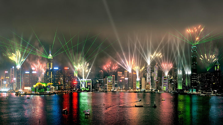 هونغ كونغ ، سيمفونية الأضواء ، عرض ، عرض ضوء الليزر ، آسيا، خلفية HD