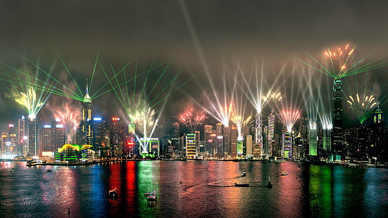 Hong Kong, sinfonia di luci, spettacolo, spettacolo di luci laser, Asia, Sfondo HD HD wallpaper