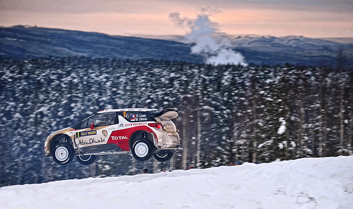 Winter, Auto, Snow, Forest, Sport, Machine, Citroen, DS3, WRC, Rally, Sebastien Loeb, In the air, Side view, Competition, Daniel Elena, HD wallpaper