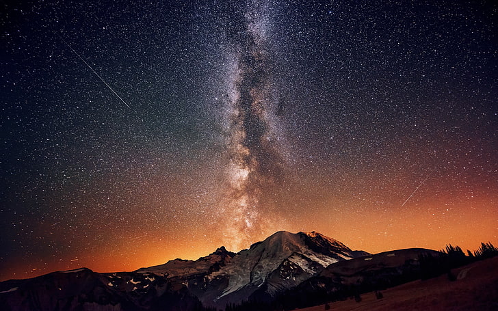 วอลล์เปเปอร์ดิจิตอล galaxy, ภูเขาสีเทาในเวลากลางคืน, ท้องฟ้า, ดาว, ทางช้างเผือก, ธรรมชาติ, ภูเขา, หิมะ, ดาวตก, อวกาศ, ศิลปะอวกาศ, วอลล์เปเปอร์ HD