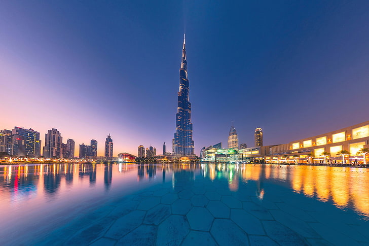 woda, odbicie, budynek, Dubaj, miasto nocą, wieżowiec, Zjednoczone Emiraty Arabskie, Burj Khalifa, Tapety HD