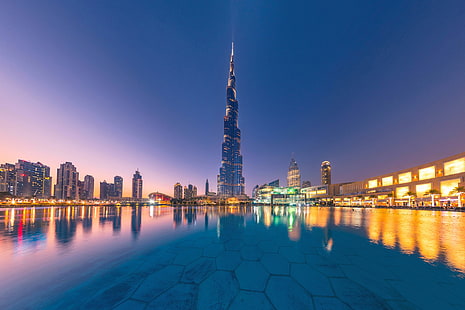 água, reflexão, construção, Dubai, cidade noturna, arranha céu, Emirados Árabes Unidos, Burj Khalifa, HD papel de parede HD wallpaper