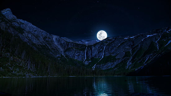 Lake Night Moon Mountains HD ฟรีพระจันทร์เต็มดวงทะเลสาบทะเลสาบดวงจันทร์ภูเขากลางคืน, วอลล์เปเปอร์ HD HD wallpaper