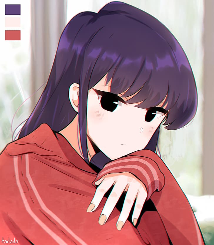 Komi-san wa, Comyushou desu., long hair, black hair, red sweater, blushing, anime girls, Komi Shouko, looking at viewer, 2D, black eyes, fan art, HD wallpaper