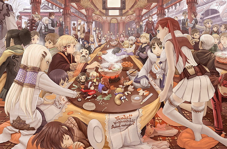Gruppe von Anime Charakteren Wallpaper, Original Charaktere, Essen, Chibi, detaillierte, weiche Schattierung, Last Exile, HD-Hintergrundbild