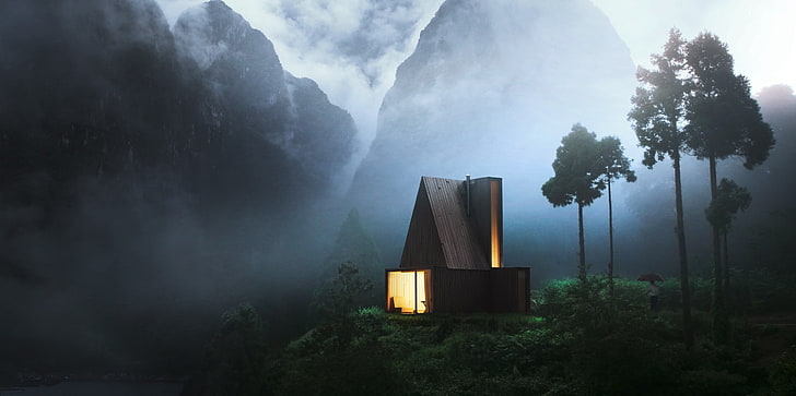 кафява къща, каюта, гора, дърво, нощ, планини, светлини, къща, мъгла, HD тапет