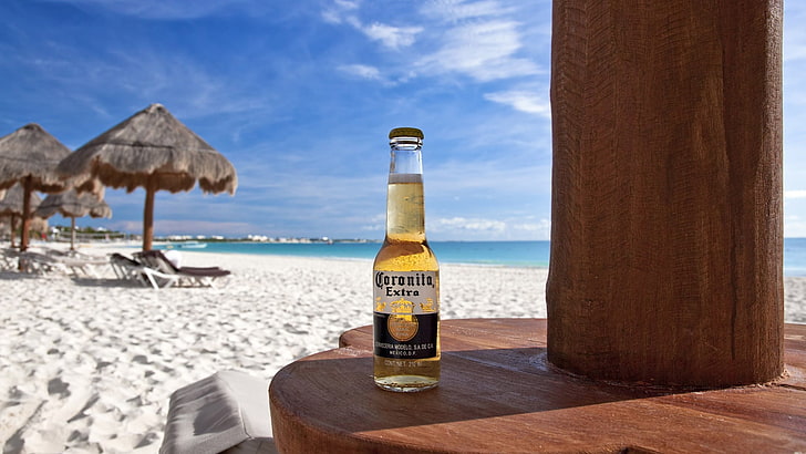 brown and black wooden table decor, beer, beach, tropical, sand, sea, HD wallpaper