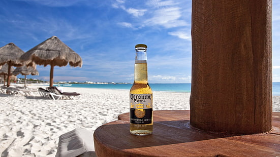 brown and black wooden table decor, beer, beach, tropical, sand, sea, HD wallpaper HD wallpaper