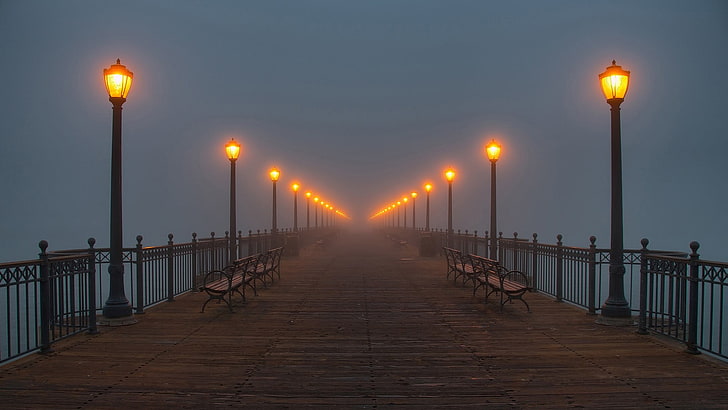brown wooden benches and street lamps, cityscape, lights, pier, lantern, mist, night, bench, HD wallpaper