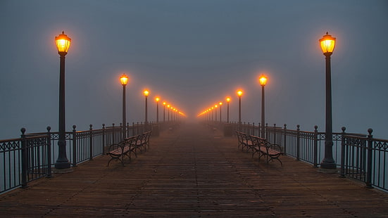 brown wooden benches and street lamps, cityscape, lights, pier, lantern, mist, night, bench, HD wallpaper HD wallpaper