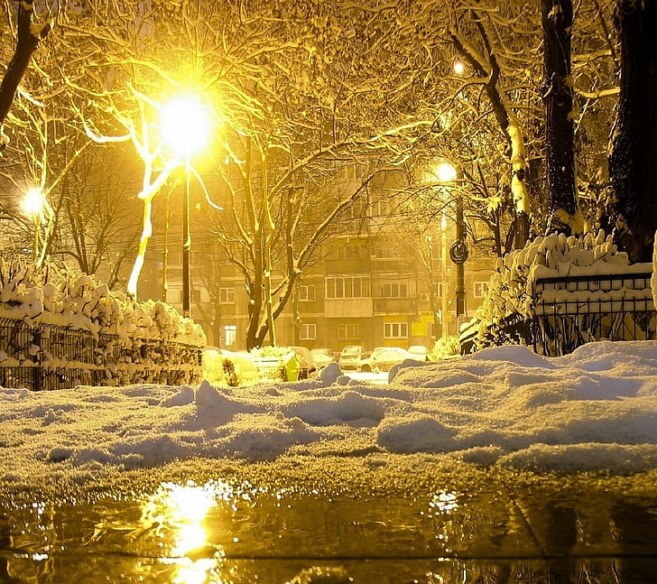 зима, город, ночь, HD обои