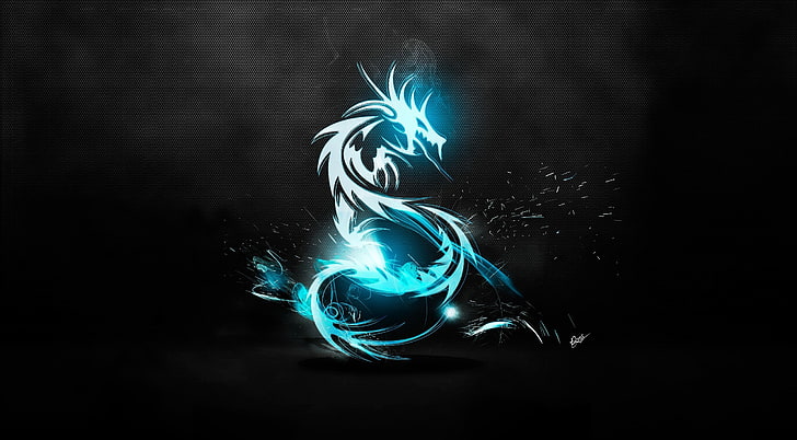 Drachensymbol, Abbildung des blauen Drachen, Aero, Schwarz, Blau, Dunkel, Hell, Drache, Symbol, HD-Hintergrundbild