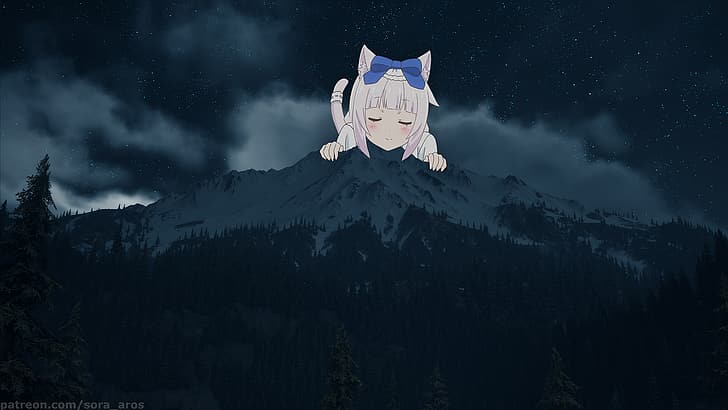 Bild-in-Bild, Neko Para, Hügel, Vanille (Neko Para), Anime Mädchen, Katzenmädchen, Nacht, Landschaft, HD-Hintergrundbild