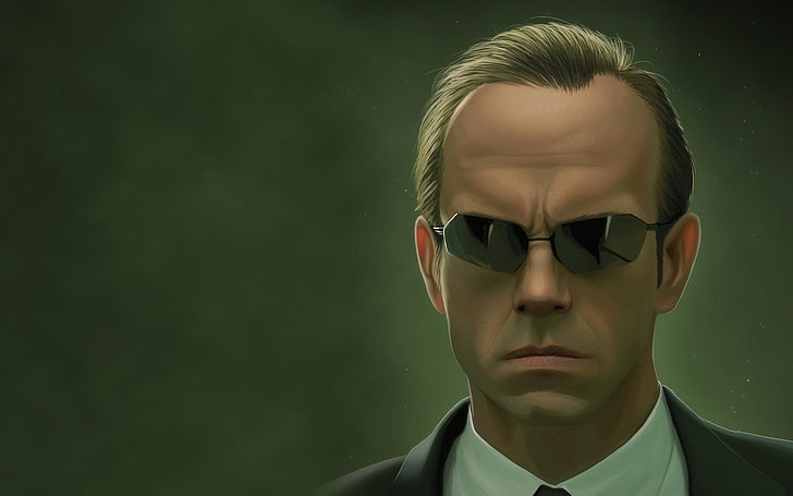 Matrix Agent Smith illustration, The Matrix, Agent Smith, sunglasses, Hugo Weaving, simple background, movies, artwork, suits, tie, villains, reflection, portrait, HD wallpaper