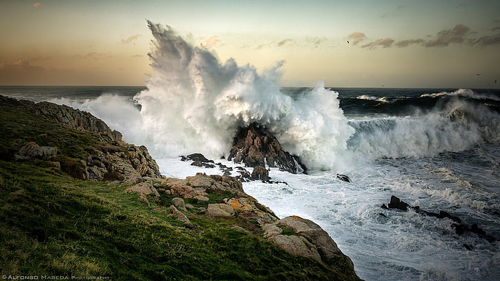 hav, stenar, vågor, horisont, vatten, sten, kust, HD tapet