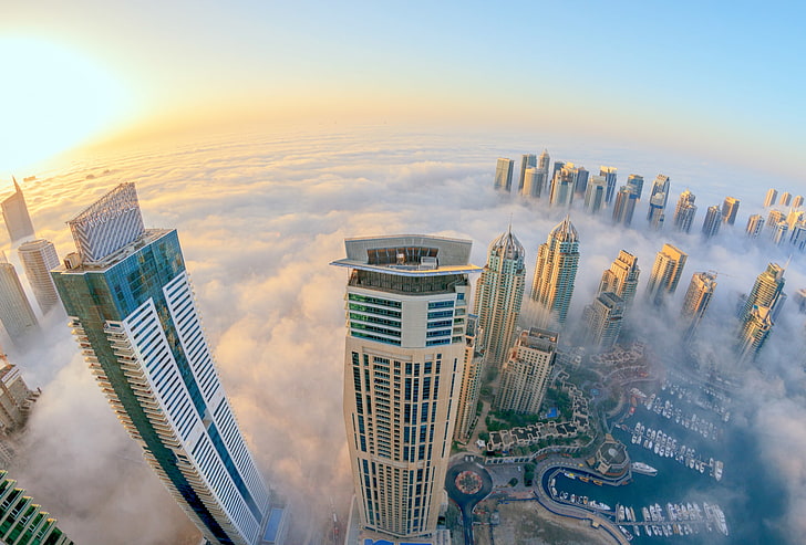 widok z lotu ptaka na miasto, miasto, mgła, widok, wieżowce, Dubaj, Tapety HD