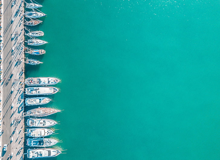 boat lot, water, boat, blue, minimalism, Malaga, Spain, turquoise, aerial view, HD wallpaper
