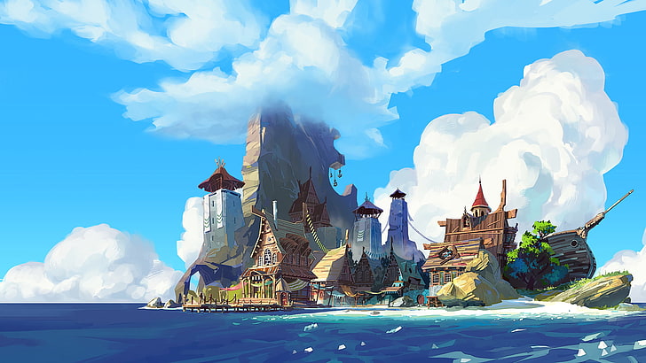 قلعة في جزيرة الرسم ، الفن الرقمي ، الجزيرة ، الماء، خلفية HD