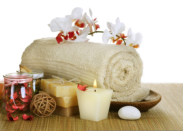 white pillar candle, flower, towel, candles, petals, soap, Orchid, Spa, Spa stone, HD wallpaper
