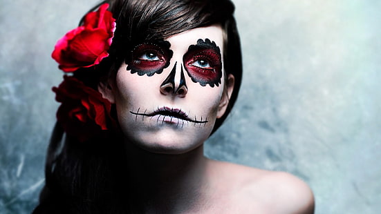 женщины, лицо, макияж, Сахарный череп, Dia de los Muertos, краска для лица, Ханна Рэй, HD обои HD wallpaper