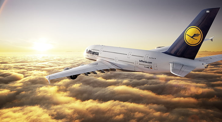 Airbus A380 Lufthansa, бял и черен самолет, двигатели, самолет, HD тапет