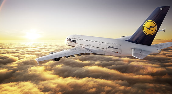 Airbus A380 Lufthansa, бело-черный самолет, моторы, самолет, HD обои HD wallpaper