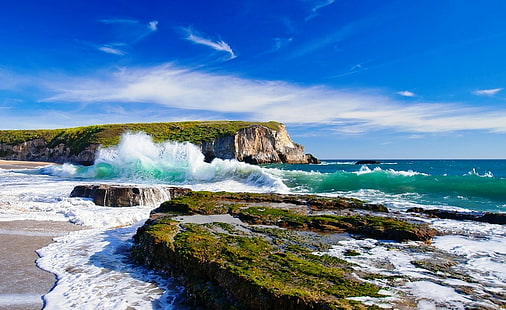 природа, пейзаж, плаж, скала, скала, море, вълни, крайбрежие, HD тапет HD wallpaper