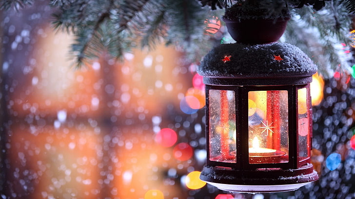 черный фонарь со свечой, природа, зима, снег, деревья, свечи, фонарь, HD обои