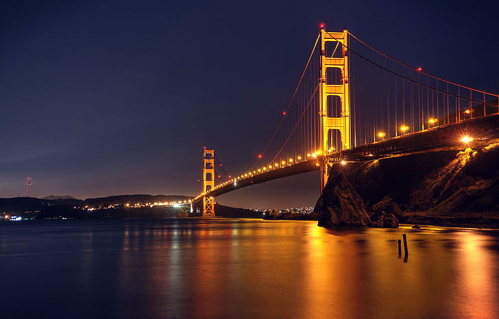 Снимка на моста Golden Gate през нощта, Един сън, душа, поглед, Golden Gate Bridge, снимка, през нощта, Сан Франциско, HDR, NEX-6, SEL-P1650, Photomatix, Калифорния, продължителна експозиция, нощ, ясно, отражение, мокро, вода, инфраструктура, залив, известно място, САЩ, мост - създадена от човека структура, архитектура, окръг Сан Франциско, окачен мост, море, градски пейзаж, залез, градски Skyline, HD тапет