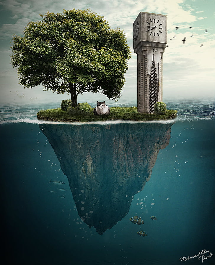 башенные часы, Мохаммад Хан, природа, остров, море, башня, кошка, фото-манипуляции, Университет Иордании, башня с часами, HD обои, телефон обои