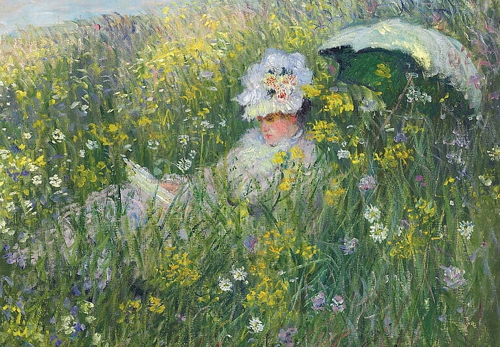 kvinna liggande på blommor fältmålning, gräs, flicka, blommor, natur, bild, paraply, Claude Monet, på ängen, HD tapet
