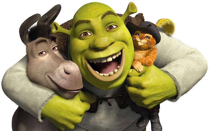 Shrek, burro, dibujos animados, personajes, shrek burro y gato con botas, shrek, burro, dibujos animados, personajes, Fondo de pantalla HD