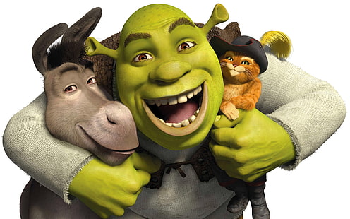Shrek, burro, dibujos animados, personajes, shrek burro y gato con botas, shrek, burro, dibujos animados, personajes, Fondo de pantalla HD HD wallpaper