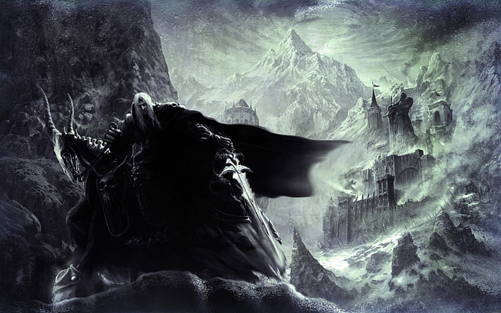 замък и планина илюстрация, world of warcraft, герой, планина, къща, студ, HD тапет
