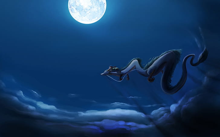 Anime, Fan Art, Spirited Away, Nacht, Mond, Mondschein, Wolken, Haku, blau, HD-Hintergrundbild