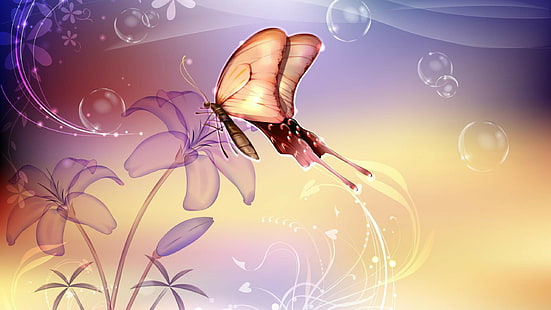 Flores, con, mariposa, HD, vector, 2560x1440, Fondo de pantalla HD HD wallpaper