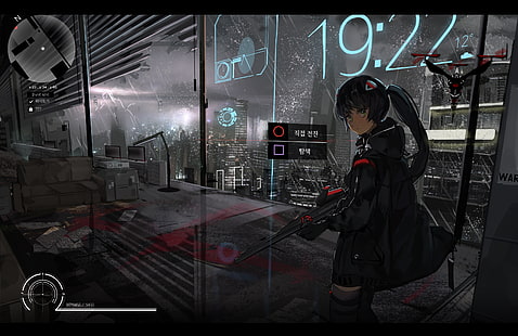 anime, anime girls, arma, coreano, drone, città, pioggia, notte, fucile, Sfondo HD HD wallpaper