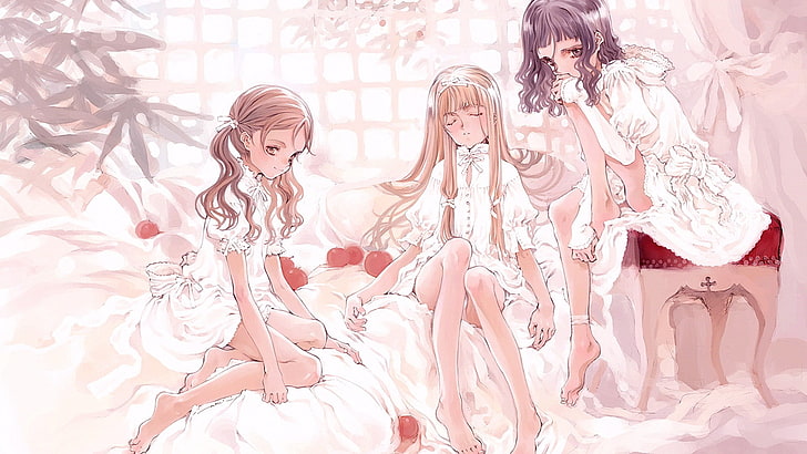 anime, anime girls, brünett, blond, lange haare, lächeln, zuschauer anschauen, loli, Oyari Ashito, HD-Hintergrundbild