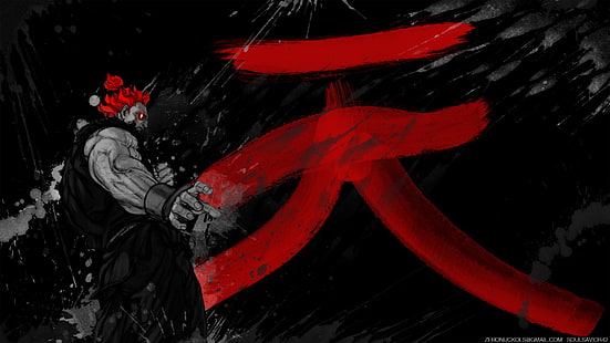 Fond d'écran Akuma, Street Fighter, Akuma, jeux vidéo, œuvres d'art, rouge, rousse, noir, fond noir, Fond d'écran HD HD wallpaper