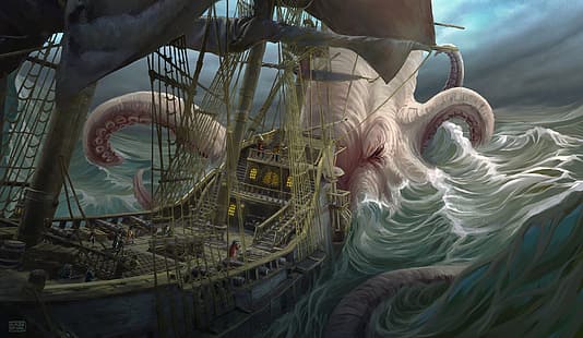 arte de fantasía, Kraken, barco, tentáculos, Fondo de pantalla HD HD wallpaper