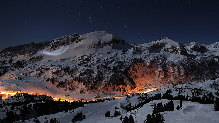 雪、丘、山、夜、自然、冬、雪、ライト、星、オーストリア、風景で覆われた山の写真、 HDデスクトップの壁紙