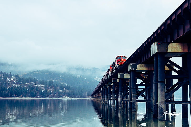 red and black train, train, bridge, water, trees, mountains, clouds, Sandpoint, HD wallpaper