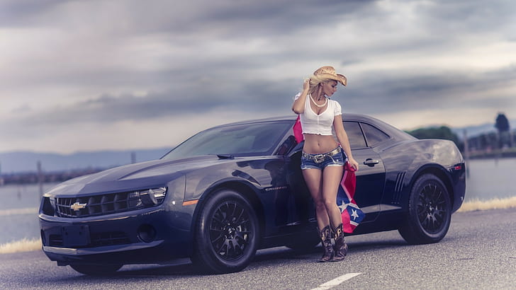 shorts de brim de carro de mulheres chapéus de cowboy loiros tops brancos mulheres com carros, HD papel de parede
