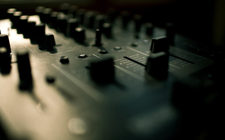 table de mixage audio noir, son, consoles de mixage, techno, consoles, profondeur de champ, Fond d'écran HD