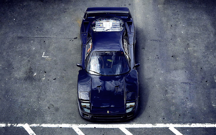 синий спортивный автомобиль, суперкар, Ferrari F40, синий, синий авто, вид сверху, асфальт, серый, HD обои