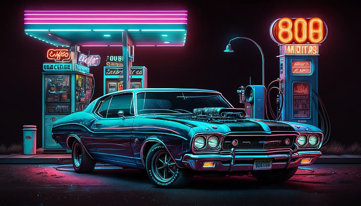 KI-Kunst, Muscle Cars, amerikanische Autos, Tankstelle, Neon, Spiegelung, Nacht, HD-Hintergrundbild